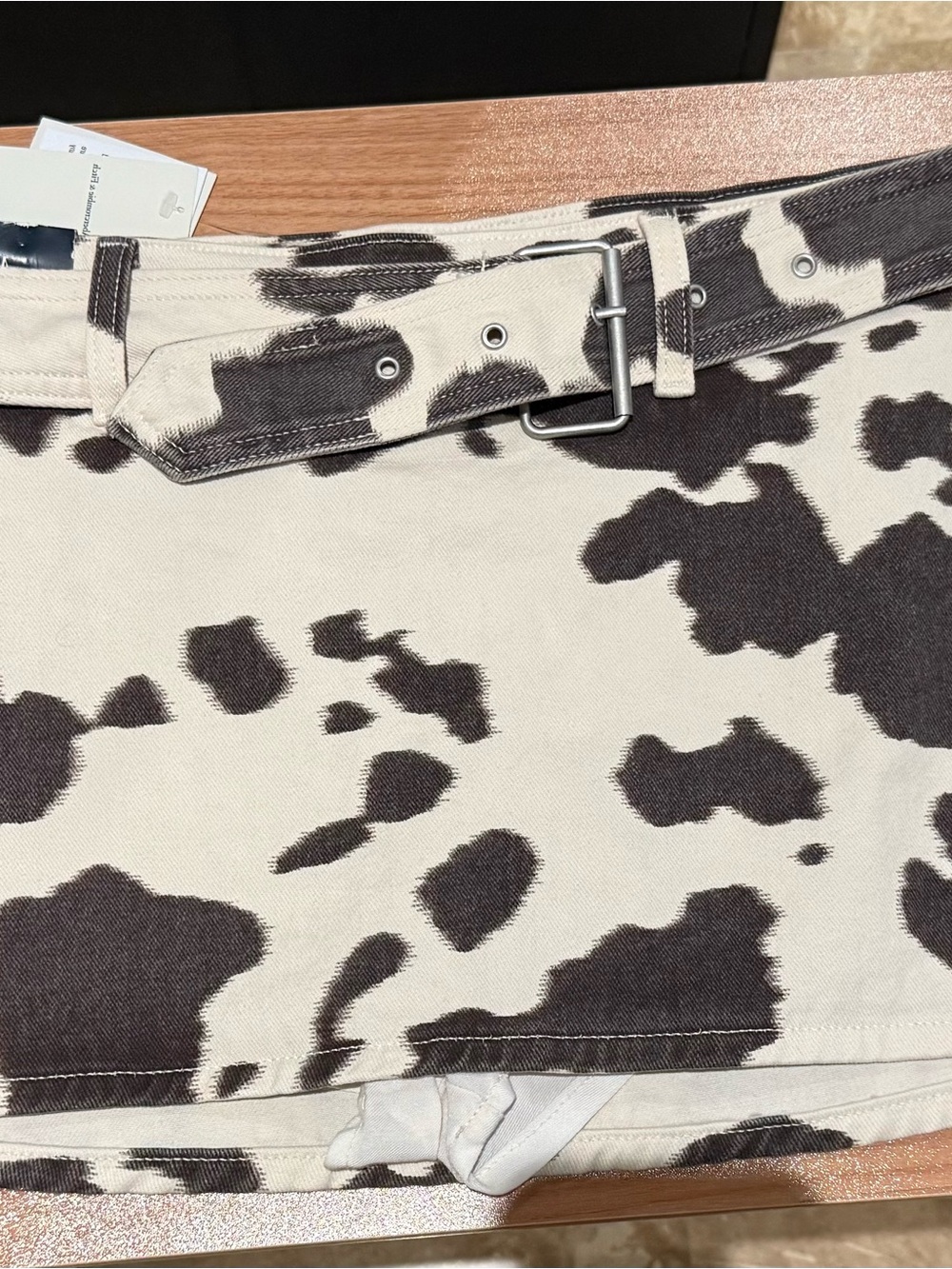 Abercrombie & Fitch Cream and Brown Cow Print Mini Skirt with Belt